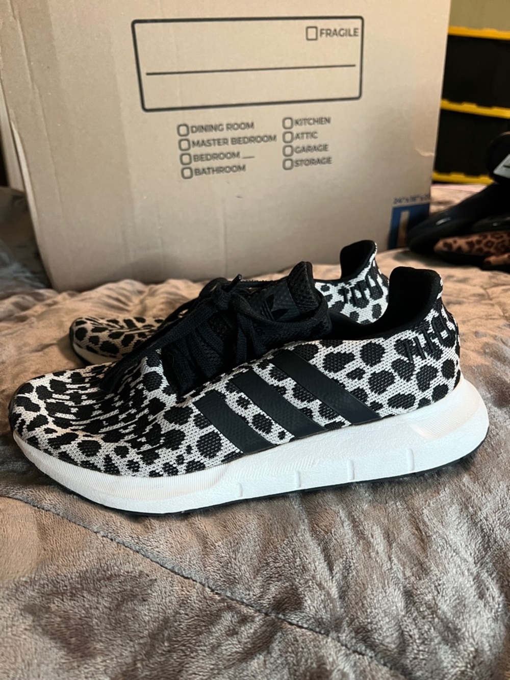 adidas Women’s Black & White Leopard Knit Running Sneakers